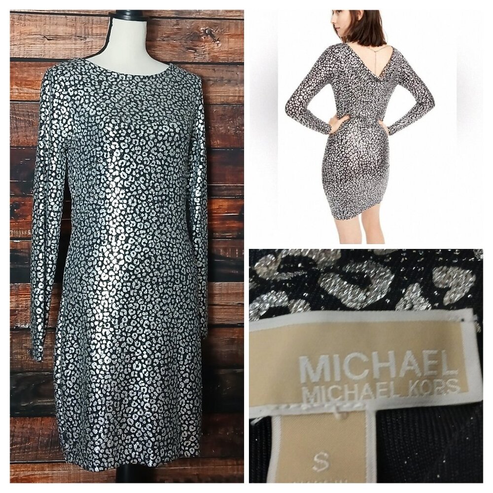 NWT Michael Kors Dress S Long Sleeve Cowl Back Silver Black Metallic Animal